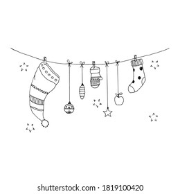 Various hanging Christmas decorations.Christmas bauble ,Christmas hat, gift box, sock,Christmas tree garland.