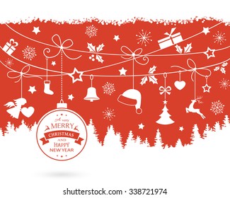 Various hanging Christmas ornaments like Christmas bauble, santa hat, reindeer, angel, heart, present, stocking and Christmas tree with ribbons on a monochrome red backdrop over a fir landscape.