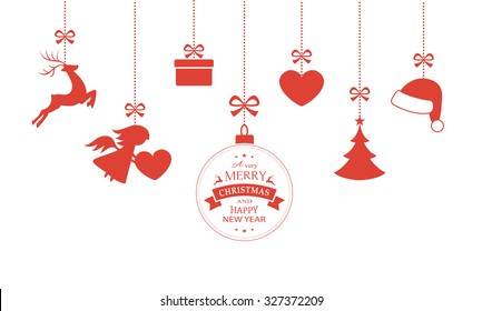 Various hanging Christmas ornaments such as Christmas bauble, santa hat, reindeer, angel, heart, present and Christmas tree with a ribbon forming a versatile border isolated on white.