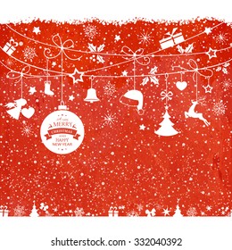 Various hanging Christmas ornaments such as Christmas bauble, santa hat, reindeer, angel, heart, present and Christmas tree with ribbons with snowfall on a red textured backdrop.