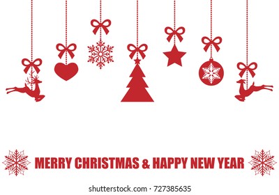 Various hanging Christmas ornaments such as snowflake, ball, star, reindeer, heart, and tree in red color with a ribbon forming and "MERRY CHRISTMAS & HAPPY NEW YEAR" text on white background. 