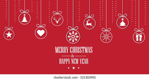 Various hanging Christmas ornaments with text Merry Christmas and Happy New Year on Reg Background. Greeting Card Template.