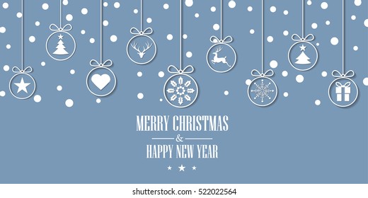 Various hanging Christmas ornaments with text Merry Christmas and Happy New Year on Reg Background. Greeting Card Template.