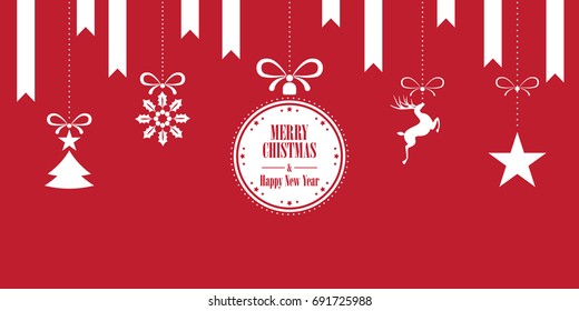 Various hanging Christmas ornaments with text Merry Christmas and Happy New Year on Red Background. Greeting Card Template. Modern flat designed vector illustration. 