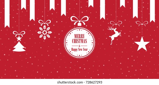 Various hanging Christmas ornaments with text Merry Christmas and Happy New Year on Red Background. Greeting Card Template.
