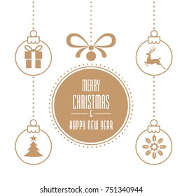 Various hanging Christmas ornaments with text Merry Christmas and Happy New Year on White Background. Greeting Card Template.