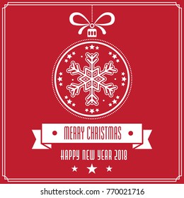 Various hanging Christmas ornaments with text Merry Christmas and Happy New Year on Red Background. Greeting Card Template.