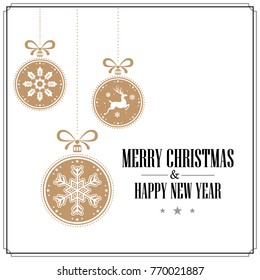 Various hanging Christmas ornaments with text Merry Christmas and Happy New Year on white Background. Greeting Card Template.