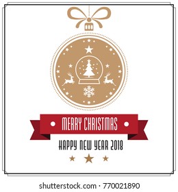 Various hanging Christmas ornaments with text Merry Christmas and Happy New Year on white Background. Greeting Card Template.