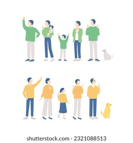 Various happy families. Grandparents, parents, children, grandchildren and pet. simple full body illustration