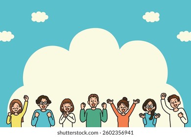 Various happy people and sky background image