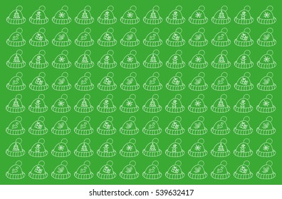 Various hat with pompom set in cartoon style on green background. Pattern hat