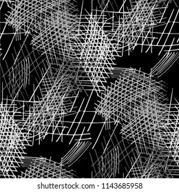 Various Hatches. Seamless Black White Texture with Hand Drawn Lines. Retro Background for Chintz, Print, Swimwear. Vertical, Horizontal and Diagonal Strokes. Grunge Vector
