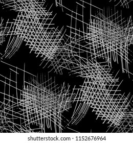 Various Hatches. Seamless Black White Pattern with Chaotic Hand Drawn Lines. Retro Background for Cloth, Dress, Tablecloth. Vertical, Horizontal and Diagonal Strokes. Grunge Vector