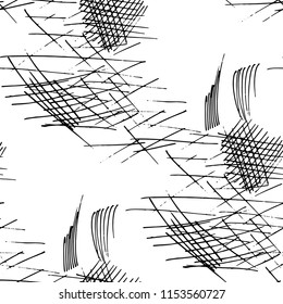Various Hatches. Seamless Black White Texture with Hand Drawn Lines. Vintage Background for Paper, Print, Underwear. Vertical, Horizontal and Diagonal Strokes. Grunge Vector Texture