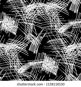 Various Hatches. Seamless Black White Texture with Hand Drawn Lines. Retro Background for Textile, Shirt, Fabric. Vertical, Horizontal and Diagonal Strokes. Grunge Vector Texture