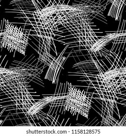 Various Hatches. Seamless Black White Texture with Hand Drawn Lines. Vintage Background for Curtain, Dress, Tablecloth. Vertical, Horizontal and Diagonal Strokes. Grunge Vector
