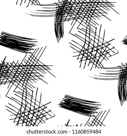 Various Hatches. Seamless Black White Pattern with Chaotic Hand Drawn Lines. Vintage Background for Paper, Wallpaper, Underwear. Vertical, Horizontal and Diagonal Strokes. Grunge Vector
