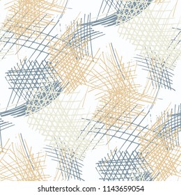 Various Hatches. Seamless Pattern with chaotic Hand Drawn Lines. Trendy Background for Print, Wallpaper, Swimwear. Vertical, Horizontal and Diagonal Strokes. Grunge Vector Texture