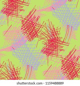 Various Hatches. Seamless Pattern with chaotic Hand Drawn Lines. Retro Background for Curtain, Dress, Tablecloth. Vertical, Horizontal and Diagonal Strokes. Grunge Vector Texture