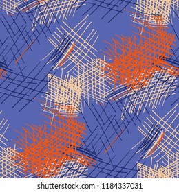 Various Hatches. Seamless Pattern with chaotic Hand Drawn Lines. Trendy Background for Chintz, Wallpaper, Swimwear. Vertical, Horizontal and Diagonal Strokes. Grunge Vector Texture