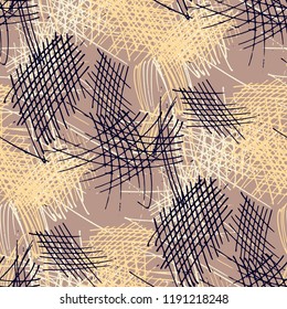 Various Hatches. Seamless Pattern with chaotic Hand Drawn Lines. Vintage Background for Curtain, Shirt, Tablecloth. Vertical, Horizontal and Diagonal Strokes. Grunge Vector Texture