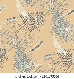 Various Hatches. Seamless Pattern with chaotic Hand Drawn Lines. Trendy Background for Cloth, Dress, Tablecloth. Vertical, Horizontal and Diagonal Strokes. Grunge Vector Texture