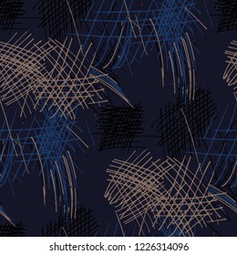 Various Hatches. Seamless Pattern with chaotic Hand Drawn Lines. Retro Background for Chintz, Wallpaper, Swimwear. Vertical, Horizontal and Diagonal Strokes. Grunge Vector Texture