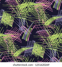 Various Hatches. Seamless Pattern with chaotic Hand Drawn Lines. Vintage Background for Curtain, Shirt, Tablecloth. Vertical, Horizontal and Diagonal Strokes. Grunge Vector Texture