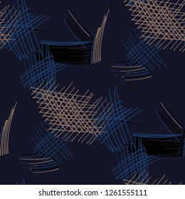 Various Hatches. Seamless Pattern with chaotic Hand Drawn Lines. Trendy Background for Cloth, Dress, Linen. Vertical, Horizontal and Diagonal Strokes. Grunge Vector Texture