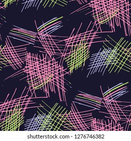 Various Hatches. Seamless Pattern with chaotic Hand Drawn Lines. Modern Background for Chintz, Print, Swimwear. Vertical, Horizontal and Diagonal Strokes. Grunge Vector Texture