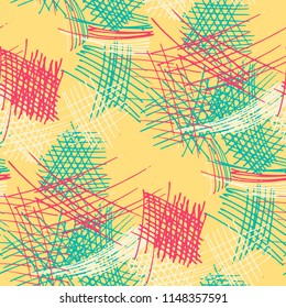 Various Hatches. Seamless Texture with chaotic Hand Drawn Lines. Trendy Background for Chintz, Wallpaper, Swimwear. Vertical, Horizontal and Diagonal Strokes. Grunge Vector Texture