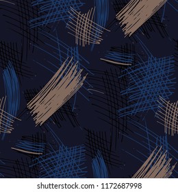 Various Hatches. Seamless Texture with chaotic Hand Drawn Lines. Retro Background for Curtain, Dress, Tablecloth. Vertical, Horizontal and Diagonal Strokes. Grunge Vector Texture