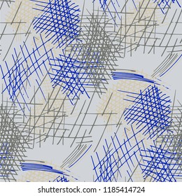 Various Hatches. Seamless Texture with chaotic Hand Drawn Lines. Trendy Background for Curtain, Dress, Tablecloth. Vertical, Horizontal and Diagonal Strokes. Grunge Vector Texture
