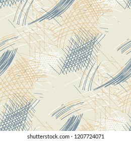Various Hatches. Seamless Texture with chaotic Hand Drawn Lines. Modern Background for Curtain, Shirt, Tablecloth. Vertical, Horizontal and Diagonal Strokes. Grunge Vector Texture