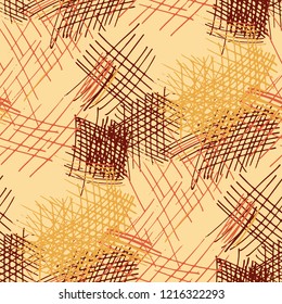 Various Hatches. Seamless Texture with chaotic Hand Drawn Lines. Modern Background for Curtain, Dress, Tablecloth. Vertical, Horizontal and Diagonal Strokes. Grunge Vector Texture