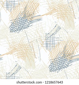 Various Hatches. Seamless Texture with chaotic Hand Drawn Lines. Retro Background for Chintz, Print, Swimwear. Vertical, Horizontal and Diagonal Strokes. Grunge Vector Texture