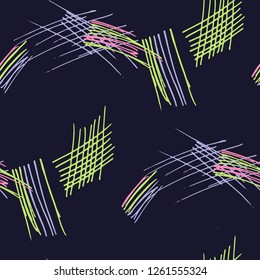 Various Hatches. Seamless Texture with chaotic Hand Drawn Lines. Trendy Background for Print, Wallpaper, Swimwear. Vertical, Horizontal and Diagonal Strokes. Grunge Vector Texture