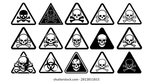 Various hazard and warning symbols including skulls, crosses, and biohazard signs