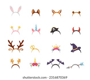 Various headbands set, cartoon flat vector illustration isolated on white background. Costume party accessories for kids. Headbands with animal ears, witch hat and crown. Masquerade concept.
