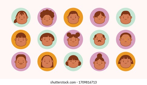 Verschiedene Köpfe. Rundaufkleber. Abstrakte Avatare. Stilvolle Haarschnitte. Minimalistische Symbole. Konkrete angesagte Vektorillustration-Illustration. Cartoon-asiatischer Stil. Einfaches niedliches Design. Alle Elemente einzeln