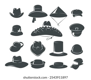 Vários ícones de headwear. Chapéus bonés esporte panamá militar sombrero etc ilustração vetor isolado