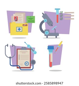 Various health care tools and documents, including stethoscope, microscope, test tubes, and medical records. Health management concept