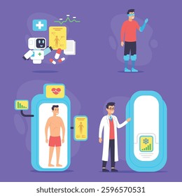 Various health technology tools, including medical robot assisting with paperwork, man with prophetic limbs, person engaging in fitness, and doctor presenting health data to patients