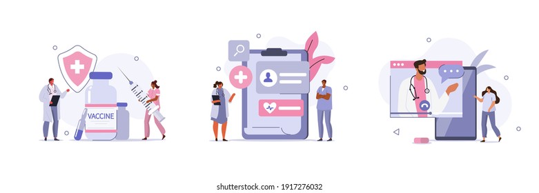 Various Healthcare Scenes. Hospital Staff Checking Medical History and  Preparing For Vaccination, Patient Talking With Doctor Online.  Online Medicine Concept. Flat Cartoon Vector Illustration.