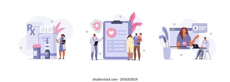 Various Healthcare Scenes. Pharmacist Showing Medicaments in Pharmacy Store, Doctor and Patients filling Health Insurance Contract, Doctor Online. Medicine Concept. Flat Cartoon Vector Illustration.