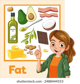 Various healthy fat sources with a smiling character