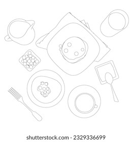 Various healthy morning food and breakfast meals hand drawn with contour lines on white background - berry, toasts, waffles. Vector illustration. Simple contour, outlines on white background.