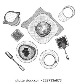 Various healthy morning food and breakfast meals hand drawn with wireframe lines on white background - berry, toasts, waffles. Vector illustration. Wireframe on white background. 3D.