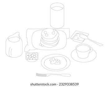Various healthy morning food and breakfast meals hand drawn with contour lines on white background - berry, toasts, waffles. Vector illustration. Simple contour, outlines on white background.